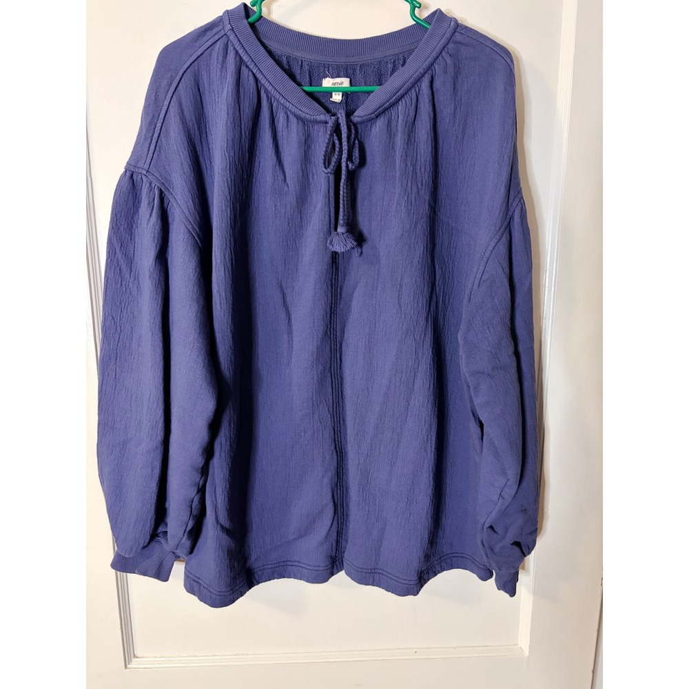 Aerie Blue Textured Crinkle Gauze Balloon Sleeve Tassel Tie Sweatshirt Medium